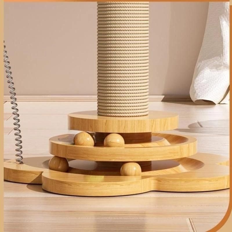 Station de Jeu en Bois Massif pour Chat : Balle Tournante, Baguette Amusante, Planche à Gratter en Sisal et Plateau