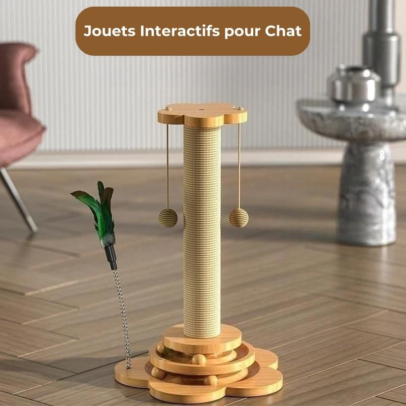 Station de Jeu en Bois Massif pour Chat : Balle Tournante, Baguette Amusante, Planche à Gratter en Sisal et Plateau