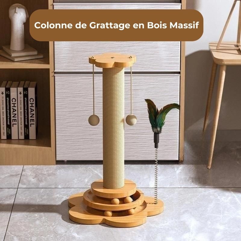 Station de Jeu en Bois Massif pour Chat : Balle Tournante, Baguette Amusante, Planche à Gratter en Sisal et Plateau