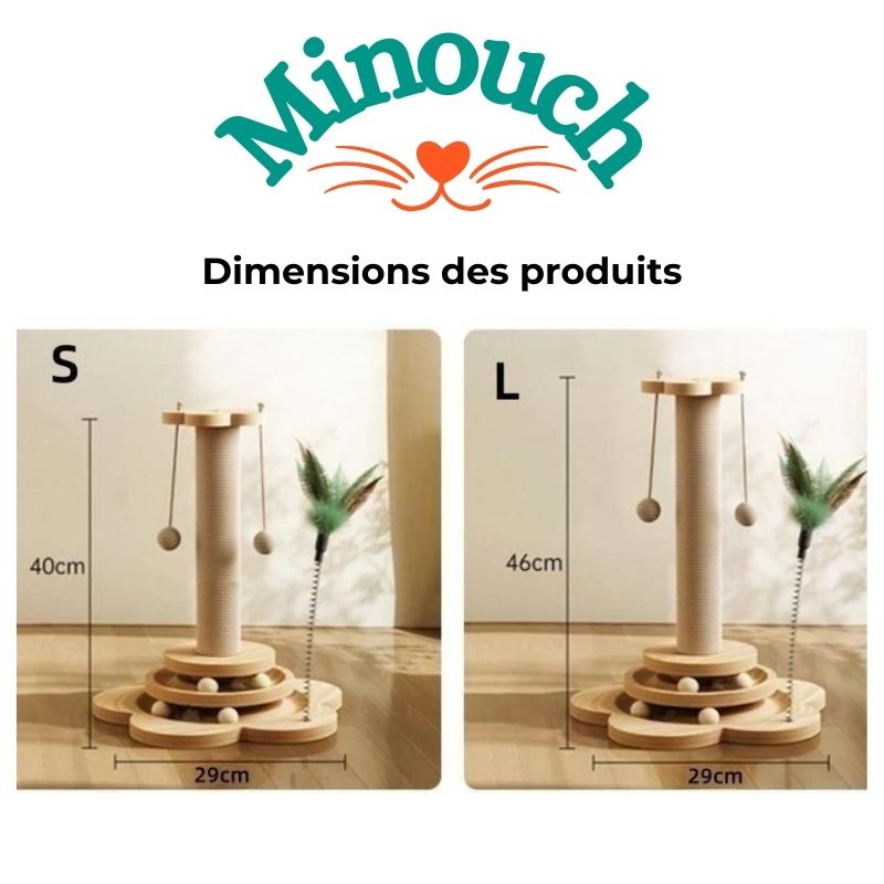 Station de Jeu en Bois Massif pour Chat : Balle Tournante, Baguette Amusante, Planche à Gratter en Sisal et Plateau