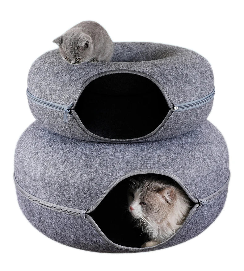 Tunnel Interactif et Lit pour Chats en Forme de Donut - Jouet 2-en-1 pour Chats