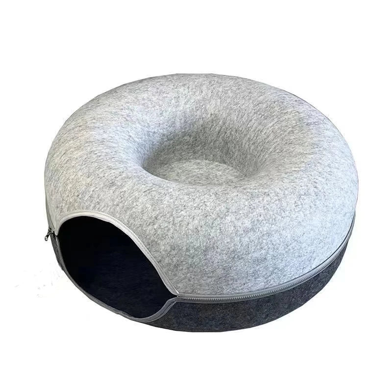 Tunnel Interactif et Lit pour Chats en Forme de Donut - Jouet 2-en-1 pour Chats