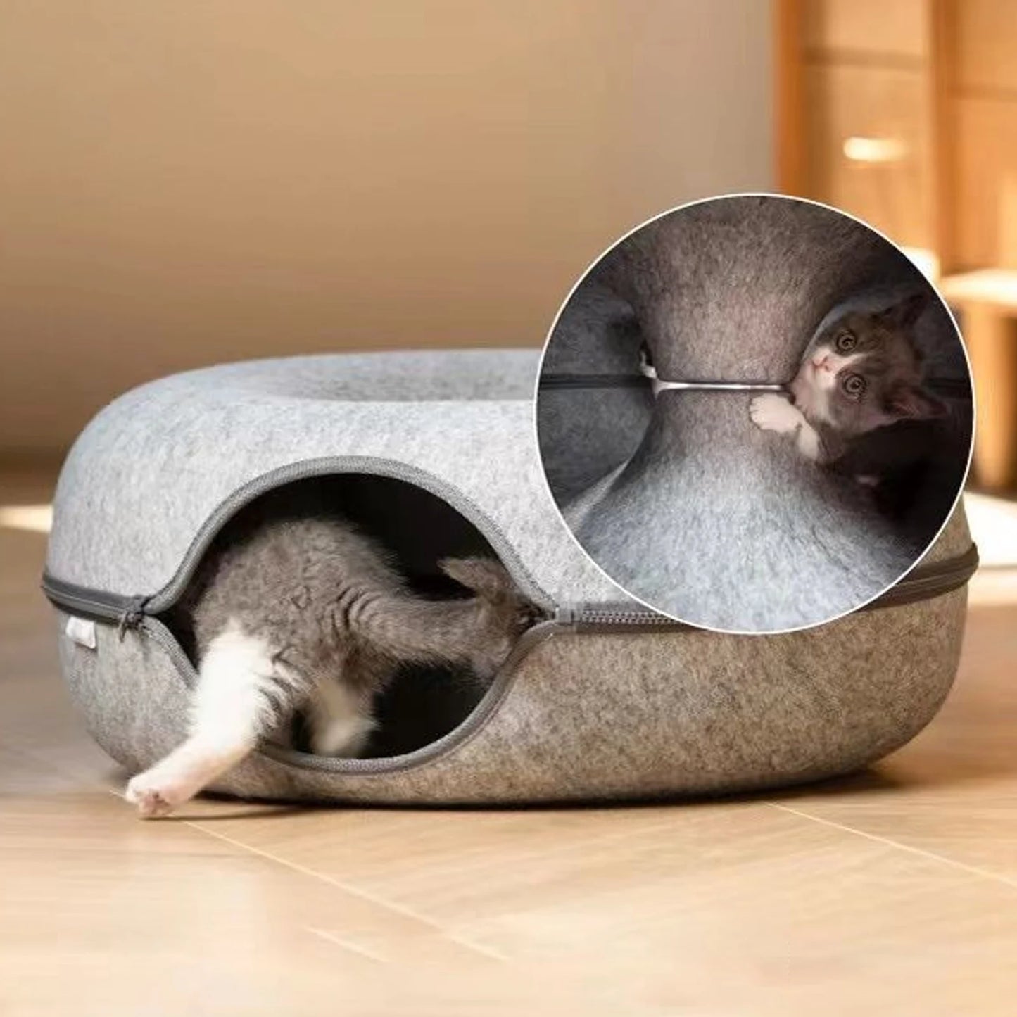 Tunnel Interactif et Lit pour Chats en Forme de Donut - Jouet 2-en-1 pour Chats