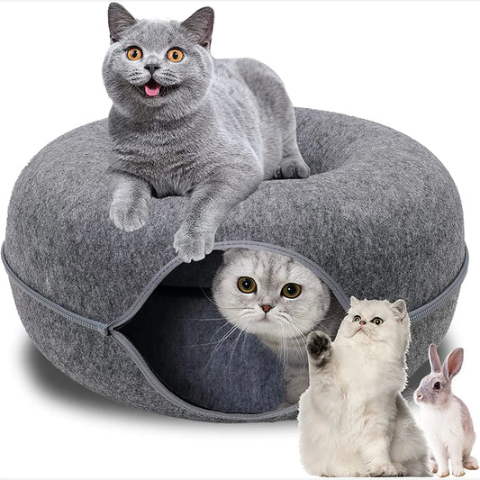 Tunnel Interactif et Lit pour Chats en Forme de Donut - Jouet 2-en-1 pour Chats